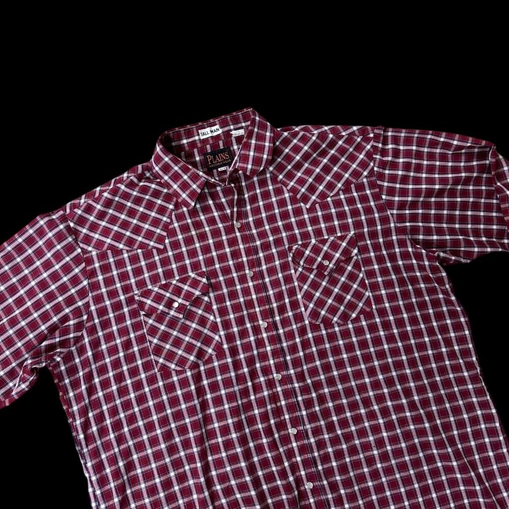 Vintage Pearl Snap Shirt Plains Western Wear Tall Man XLT Red Plaid Long Sleeve
